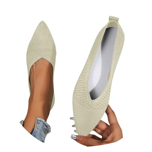 Women's Pointed Toe Ballet Flats Slip On Knit Dress Shoes Pumps Shoe Dressy Knitted Ballet Shoes Comfortable Soft Lightweight Breathable Solid Color Summer Beige