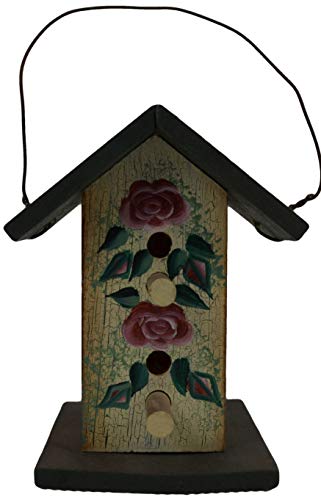 Miniature Wood Hanging Birdhouse Decoration with Two Holes and Two Standing Posts for Birds and Designed with Pink Roses and Green Vines with Leaves. Measurements Are 2 1/2 X 2 3/4 X 3 1/2