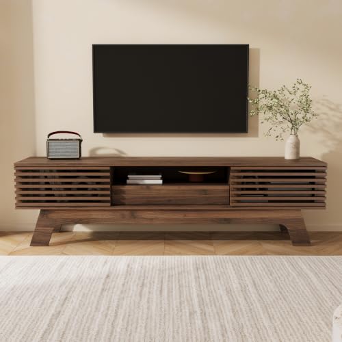 Image of Merax TV Stand, 150cm TV Unit, Slatted Doors, Drawer,Walnut