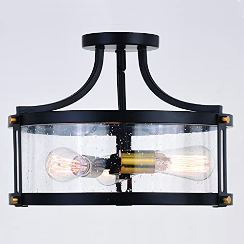 Vaxcel Holbrook 15.75-In W Black Industrial Semi Flush Mount Ceiling Light Clear Glass #TOP1