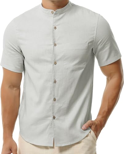Hoerev Chemise à Manches Courtes en Lin mélangé de Coton, col Mao pour Homme,Gris,M