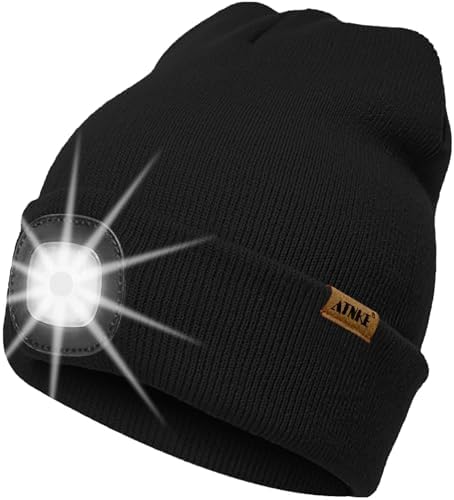 ATNKE LED Lighted Beanie Hat,USB Rechargeable 4 LED Running Headlamp Ultra Bright Cap with Light Hands Free Head Torch Winter Warm Knit Beany Tech Gifts for Men Women and Dad