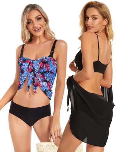 2 Pieces Sarong Cover Ups for Women Beach Bathing Suit Wrap Sheer Short Skirt Bikini Chiffon Scarf for Swimwear (Black and Pink Blue Leaves) — view 2