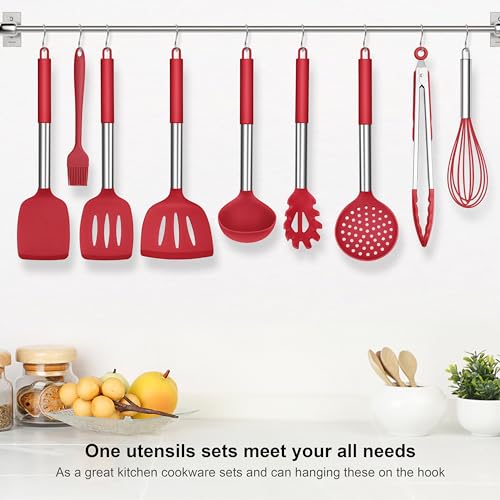 Silicone Kitchen Utensils Set, Herogo 25 Pcs Cooking Utensil with Holder, Heat Resistant Kitchen Tools with Stainless Steel Handle for Non-Stick Cookware, Turner Spatula Spoon Tong Brush Whisk, Red - Image 7