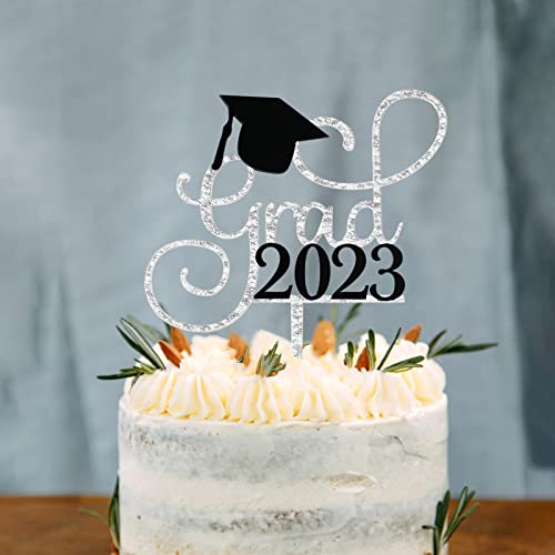 Grad 2023 Cake Topper, Graduation Cake Topper, Class Of 2023 Grad Party Decorations (Silver) #TOP3