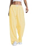 LOMON Womens Boxers Gingham Plaid Spring Summer Pants 2025 Cotton Pajama Lounge Pj Casual Trousers Y2K Bottoms with Pockets (Yellow White Plaid, S)