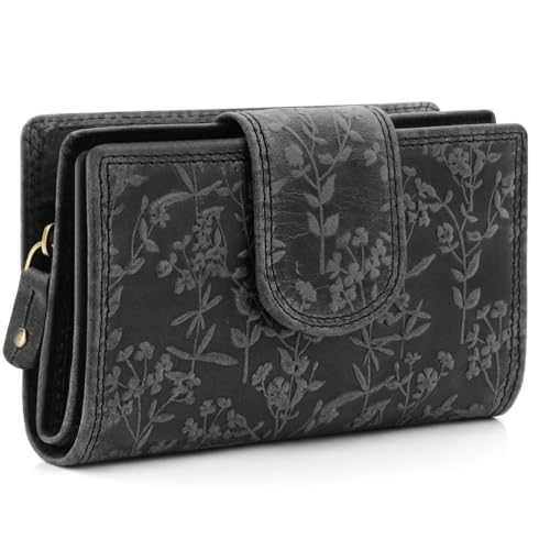 ekavale Damen-Portemonnaie im Querformat, Blütenmuster, RFID-Schutz, Leder, viele Fächer, dreigeteiltes Münzfach (Schwarz)