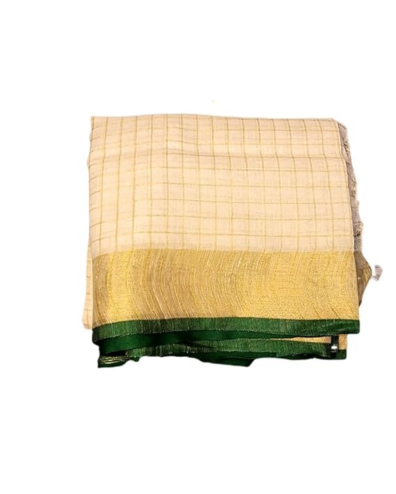 Women's Linen By Linen Saree | Onam Festival Special Traditional Kerala Kasavu Style White And Gold Checked Saree With Contrast Blouse Piece_0.9m-picture-34