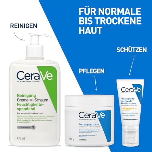 CeraVe Creme-zu-Schaum Reinigung, Feuchtigkeitsspendende Reinigungscreme, Für normale bis trockene Haut, Entfernt Schmutz und Make-up, Mit Hyaluron und Ceramiden, 473 ml