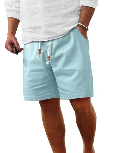 Comdecevis Men's Linen Shorts Casual Elastic Waist Drawstring Summer Beach Vacation Yoga Golf Shorts with Pockets 3X-Large Cyan Blue