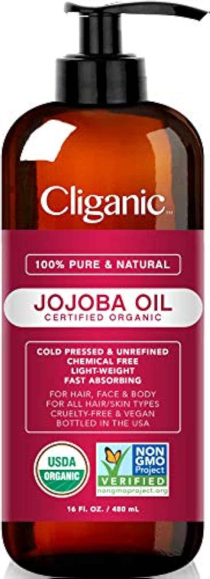Cliganic Organic Jojoba Oil 16 oz, 100% Pure | Bulk, Natural Cold Pressed Unrefined Hexane Free Oil for Hair & Face | Base Carrier Oil