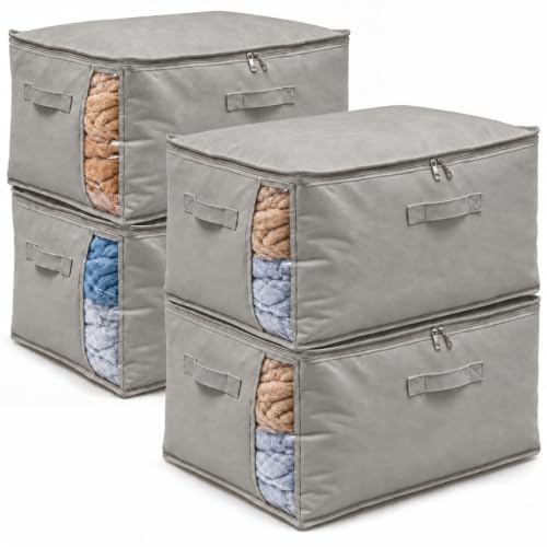4 Pack Canvas Comforter Storage Bags for Clothes & King Comforters, Grey