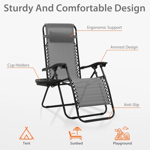 OS MOTOR Zero Gravity Chairs, Portable Folding Reclining Lounge Chairs with Adjustable Pillow and Cup Holder Trays for Outdoor, Patio, Beach, Camping, Garden, Poolside, Gray - Thumbnail 5
