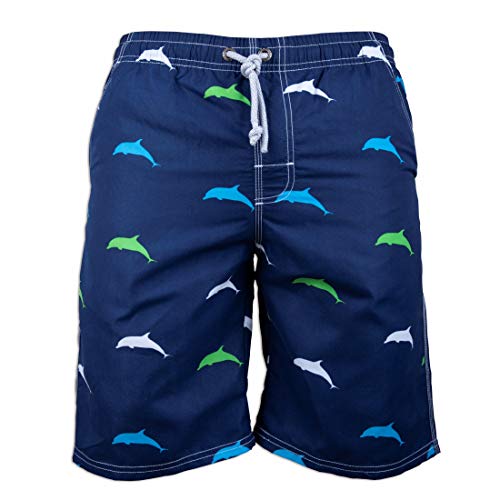 PREFER TO LIFE Men's Board Shorts-Printed Swimwear Water Park Beach Shorts Beachwear Sports Swim Surfing Pants(S Size Dolphin-Dark Blue)