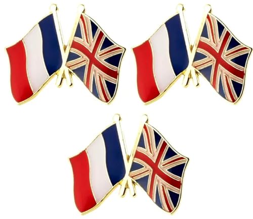 Paquete de 3 insignias esmaltadas de la bandera de Reino Unido y Francia, Metal