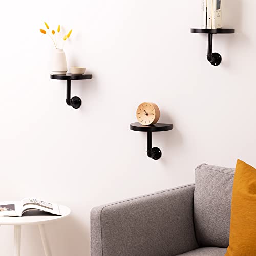Navaris Industrial Pipe Shelf Set - 3 Small Rounded Wood Shelves with Shelf Brackets - 7.9" x 5.9" Wall-Mounted Wooden Shelving - Size S, Black by Navaris - Image 2