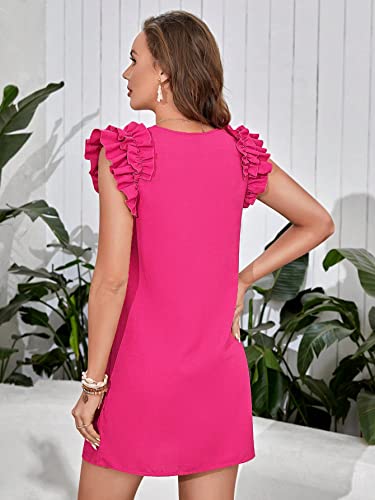 Image of Floerns Women's Solid V Neck Ruffle Trim Cap Sleeve Summer Tunic Dress