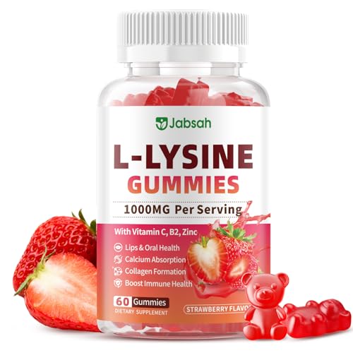 Jabsah L-Lysine Gummies 1000 mg for Kids and Adults L-Lysine Supplements with Vitamin C B2 for Lips & Oral Health Immune Support & Collagen & Calcium- Vegan Non GMO Strawberry Flavor 60 Count