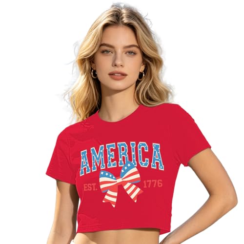 4th of July Crop Tops for Women Bow Patriotic Shirts 1776 America USA Crop Tee Shirt