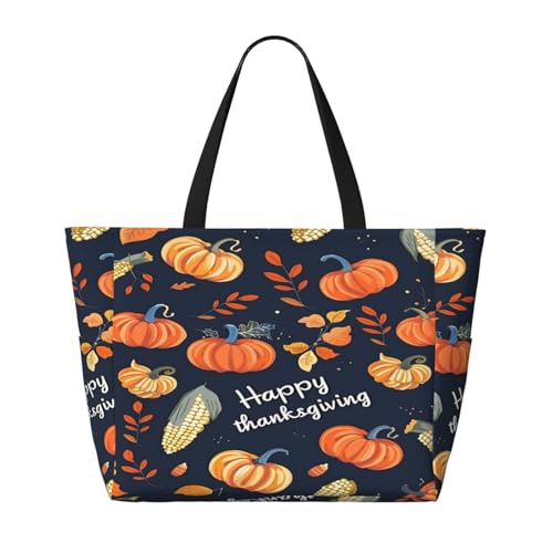 Thanksgiving Pumpkin Beach Bags For Women, Large Waterproof Tote Bag Sandproof Pool Bag Handbag For Travel Work Gym2