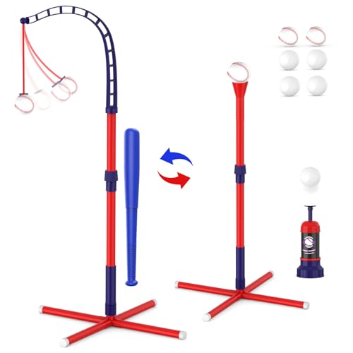 EagleStone 3-in-1 Tball Set for Toddlers 3-5/5-8, Tee Ball Stand, Hanging Tee, Ball Launcher and 6 Softballs - Adjustable Height Baseball,Outdoor Sports Toys for 3 4 5 6 Year Old Boys Girls