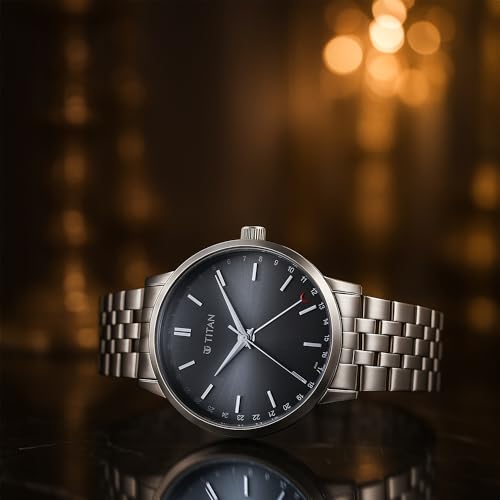 Image of Titan Elegance Analog with Date by Hand and Dark Grey Dial Stainless Steel Strap Watch for Men - 90202SM01