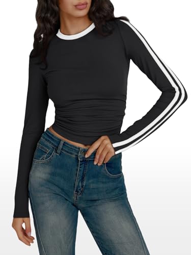 Trendy Queen Long Sleeve Workout Tops for Women Y2K Fitted Athletic Gym Shirt Trendy Color Block 2025 Fall Outfits2