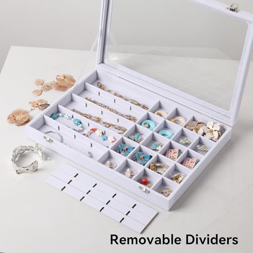 Frebeauty 40 Grid Jewelry Tray,Adjustable Earring Holder Organizer with Glass Lid,Velvet Drawer Jewelry Organizer for Rings,Studs,13.8 x 9.5 x 2 Inches Jewelry Display Box,Gift for Women(White) by Frebeauty - Image 6
