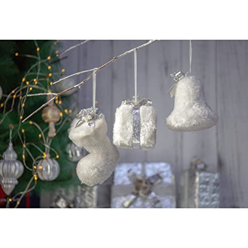 Nature Vibe Faux Fur White Christmas Ornaments, Set Of 3 Furry White Santa Boot, Bell And Gift Box With Silver Bowtie Figurines As Christmas Tree Decorations,Gifts For Festival #TOP3