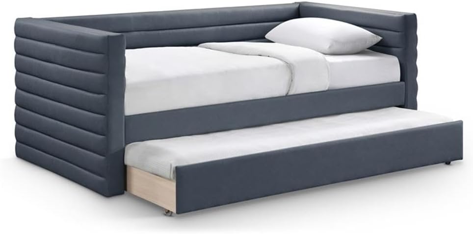 Pemberly Row Contemporary Twin Daybed, Soft Navy Vegan Leather, Water-Resistant & Anti-Scratch Upholstery, Deep Channel Tufting, Includes Rolling Twin Trundle for Storage or Sleeping, 87" W x 43.5" D