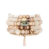 RIAH FASHION Bead Multi Layer Versatile Statement Bracelets - Stackable Beaded Strand Stretch Bangles Sparkly Crystal Mix, Tassel Charm (Natural)