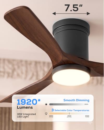 Image of Smart Flush Mount Ceiling Fans with Lights, 60 Inch Low Profile Ceiling Fan, Alexa&Remote Control, 3 Solid Wood Propeller Blades, Quiet High CFM BLDC ETL Listed Outdoor Ceiling Fans for Bedroom Patio