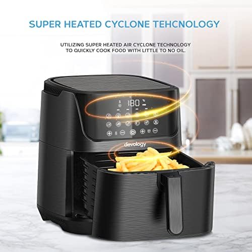 Devology Digital Air Fryer - 6.5L XL Non Stick Airfryer Free 50 Recipe Cookbook- 12 Pre-Set Cooking Programs - Oil-free Chip Fryer for Home Use With 60 Minute Timer - Portable Kitchen Appliance