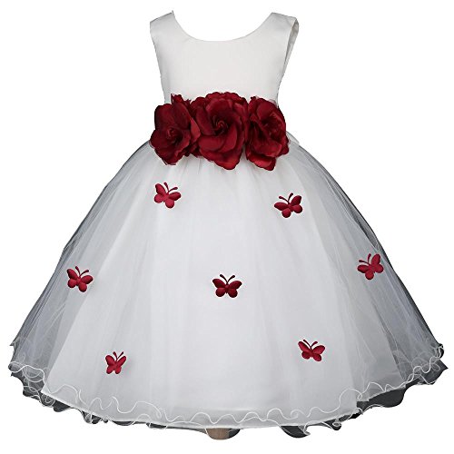 Pink Promise Ivory Flower Girl Wedding Easter Ruffled Tulle Butterfly Petal Dress, Ivory/Burgundy, 2