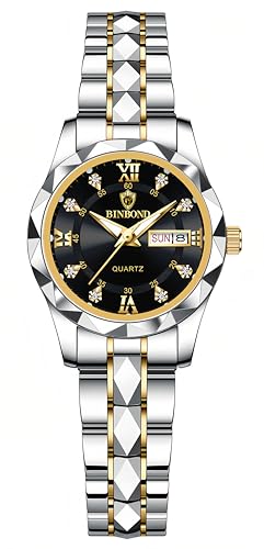 Gosasa Luxury Men's and Women's Business Diamond Stainless Steel Waterproof Roman Numeral Analog Quartz Watch with Day-Date Calendar, Gold and Silver Tone (M-Gold Black, Women)