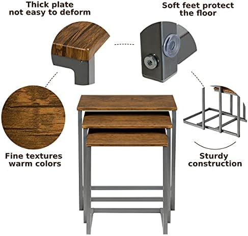 COSTWAY Set of 3 Nesting Tables, Industrial Stackable Coffee Snack Table Laptop Desk, Home Office C-Shaped Side End Table for Living Room Bedroom Balcony