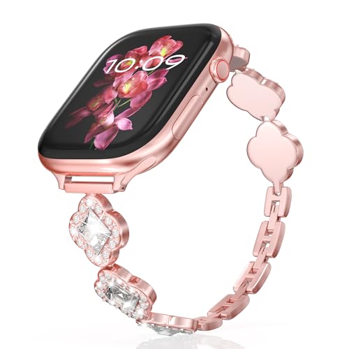 tinunata Watch Band for Women Compatible for Apple Watch 42mm 44mm 45mm 49mm Series Ultra 3 2/11 10 9 8 7 6 5 4 Slim Bling Rhinestone Bracelet iWatch Bands Strap for Womens Rose Gold, Floral by tinunata - Used condition - US$8.36