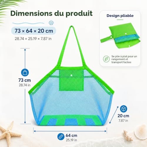 LeGeYo Sac de Plage Sac Filet Jouets de Plage Grande Beach Bag Verte pour Jouets de Sable Vacances en Famille – vue 2