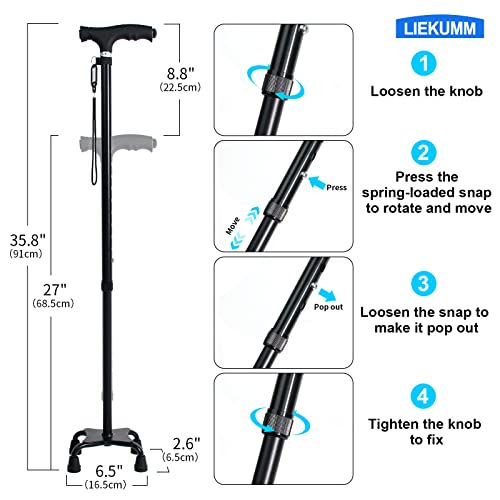Liekumm Quad Cane, Capacity 330 Lbs,10-Level Adjustable Walking Cane With Led Light For Men And Women, Four-Based Cane With Carrying Bag, Comfortable Handle For Stability, Black #TOP3