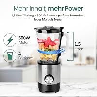 EMERIO Standmixer mit 1.5L Glasbehälter | BPA frei | Crush Ice Funktion | 2 Geschwindigkeiten + Pulse Funktion | 4 Messer aus Edelstahl | 2 Sicherheitsschalter in Krug & Deckel | 500W | BL-130988 – Ansicht 2