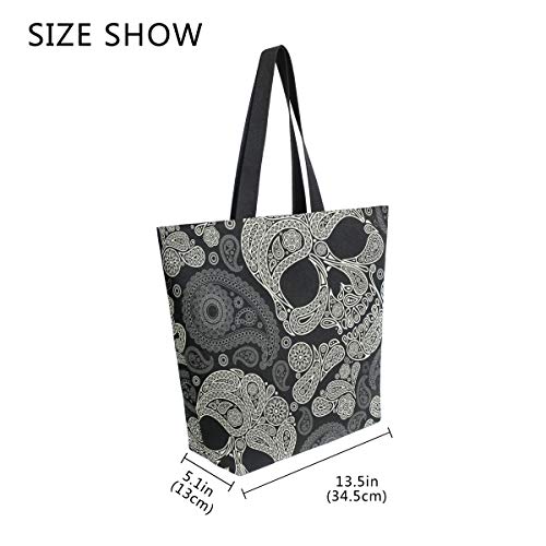 Image of Halloween Skull Canvas Tote Grocery Bag Shoulder Casual Book Bag Large for Women Teachers, Sugar Skull Cotton Bag Shopping Purse Handbag Reusable Multipurpose Use