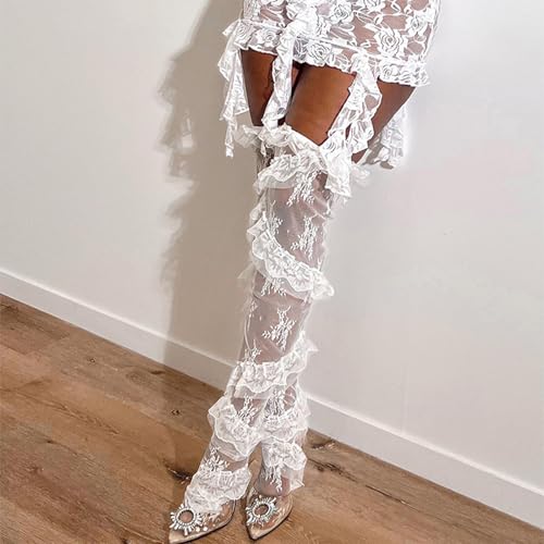Image of Womens Aesthetic Sheer Flower Lace Thigh High Stockings Sweet Twill Ruffle Trim Patchwork Loose Over Knee Long Socks