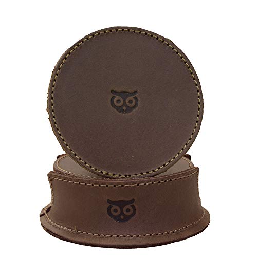 Hide & Drink, Durable Thick Leather Owl Coasters with Stitching (6-Pack) Wood Furniture, Coffee & Kitchen Table, Home & Office Essentials Handmade Includes 101 Year Warranty :: Bourbon Brown