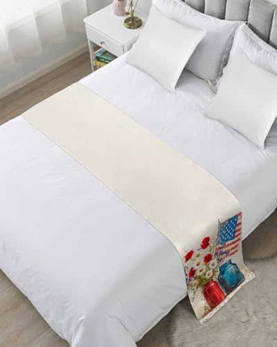 DecorLovee Independence Day Bed Runners for Twin Size Bed, Decorative Bed Throws for Foot of Bed, Red Blue American Flag Poppy Flower Bed Runner Sofa Throw Bedding Scarf Protector for Bedroom