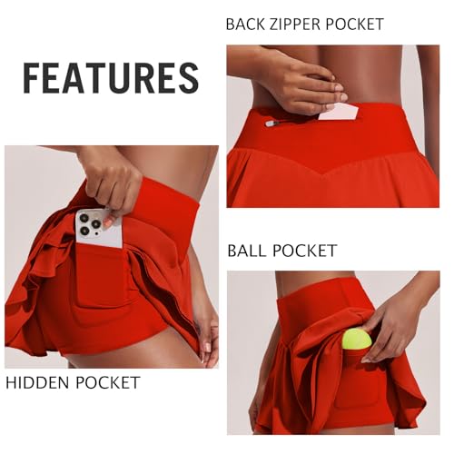 Image of PINSPARK Womens Tennis Skirt Pleated High Waisted Golf Skort with 3 Pockets | Double Ruffle, Soft, Lightweight, Quick Dry, Tummy Control Athletic Skirts, Workout Skorts, for Pickleball, Running, Casual