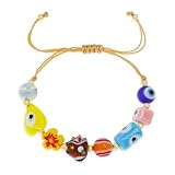 Agriajun Gold Evil Eye Beaded Bracelets for Women,Cute Adjustable Stack Handmade Colorful Heart Crystal Beads Rope String Bracelet Fashion Jewelry Gift.