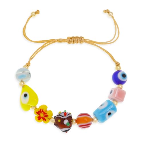 Agriajun Gold Evil Eye Beaded Bracelets for Women,Cute Adjustable Stack Handmade Colorful Heart Crystal Beads Rope String Bracelet Fashion Jewelry Gift.