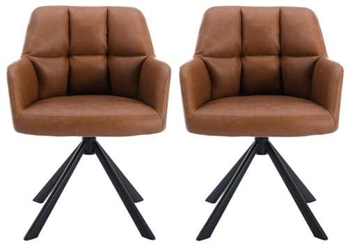 Image of Finch Fox Battle Modern 360 Swivel Mid-Back Arm Faux-Leather Study Upholstered Comfortable Metal Base Computer Office Desk Chair in Tan Color (Set of 2)