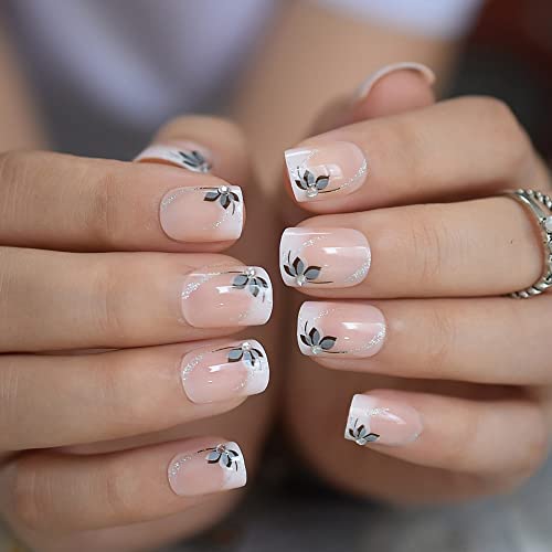 Ibeautying Press On Nails - Shiny Short Flower Glitter Deco Ombre False Nails | Uv Gel Finish Medium Short Coffin Flat Shape Reusable Fake Nails - 24 Nail Kit With Jelly Glue Pad #TOP2