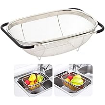 Over The Sink Stainless Steel Oval Colander with Expandable Rubber Grip Handles Strainers, Fine Mesh Strainer Basket Kitchen 6 Quarts Colander for Strain, Drain, Rinse Fruits, Vegetables